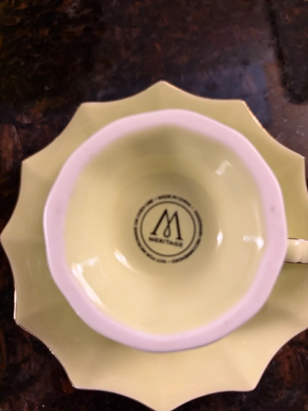 Tea cups and saucers by Meritage key lime and pink rose unique. 3 sets.